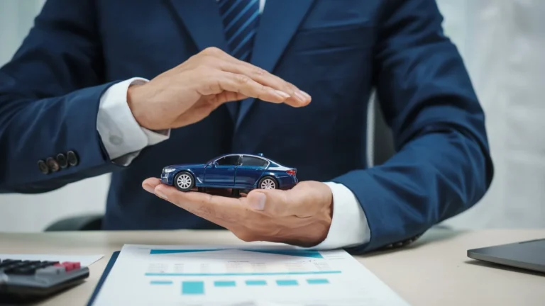 Hombre con traje protege con la mano un coche azul de juguete sobre un informe, bajas temporales de vehículos en Zaragoza
